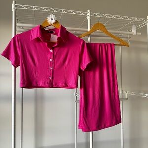 Pink Button-Up Crop Top and pants Set